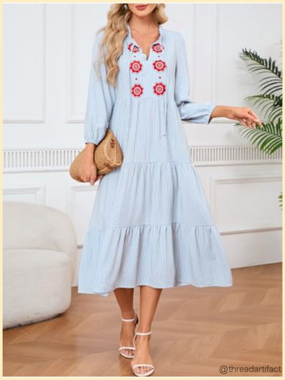 Striped Maxi Dress Tie Neck Floral Embroidery Flowy Tiered Boho Long Dress with - Picture 4 of 6